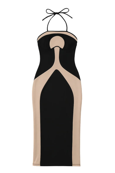 Black see through halter neck dress on a white background